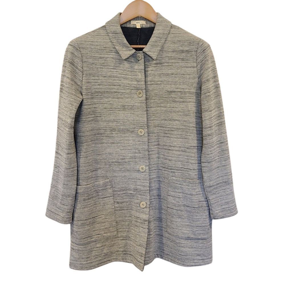 Eileen Fisher Small‎ Long Jacket Cardigan Gray Cotton Chevron Boxy Knit
